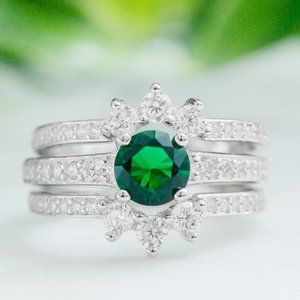Emerald Green 3 Piece Ring set, real 925 Sterling Silver Charmed Aroma